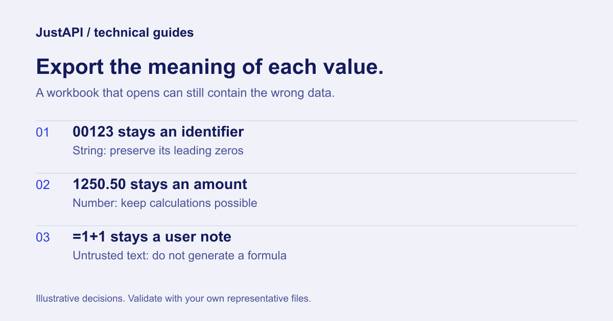 Excel export mapping: identifier 00123 stays text, amount 1250.50 is numeric, ISO date is a date, user note remains text