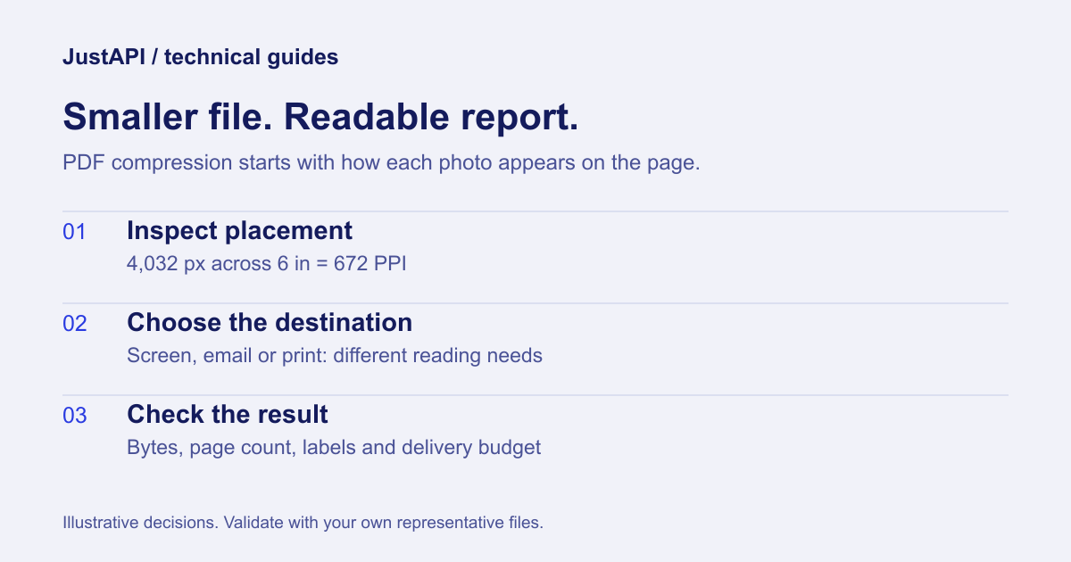 PDF compression decisions: inspect image placement, choose a reading profile, then check size and legibility